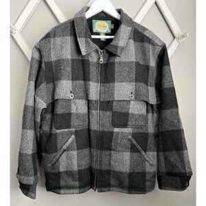 Cabela's Men's L Double Mackinaw Wool Jacket Gray/Black Plaid Hunting